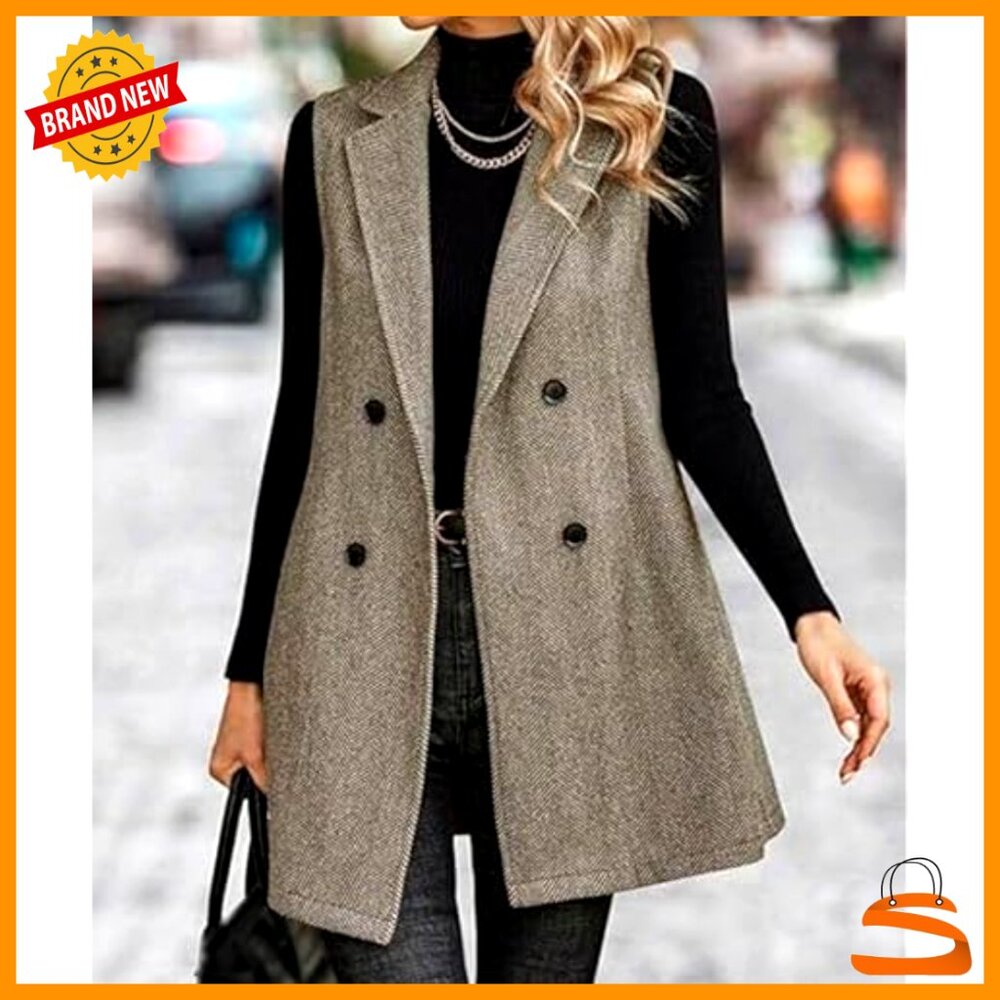 Sleeveless Tweed Vest Longline Blazer Jacket Chic Minimal Casual Outerwear - Picture 4 of 5